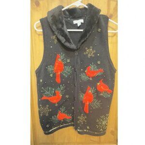 Kim Rogers Christmas Sweater Vest PL Cardinals Faux Fur Collar Beaded Black